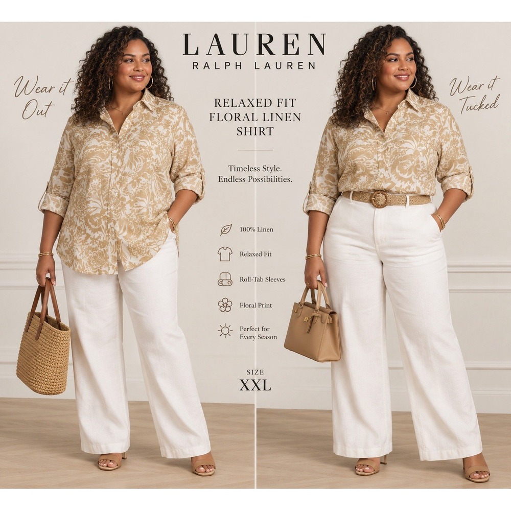 Lauren Ralph Lauren Floral Linen Button Down Shirt XXL Cream Tan Relaxed Fit NWT